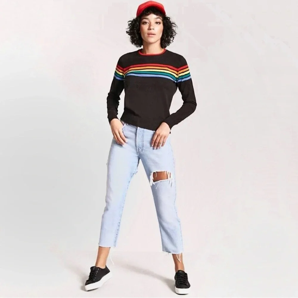 Forever 21 Multicolor Stripe Cropped Crewneck Sweater Black XS - Picture 1 of 8